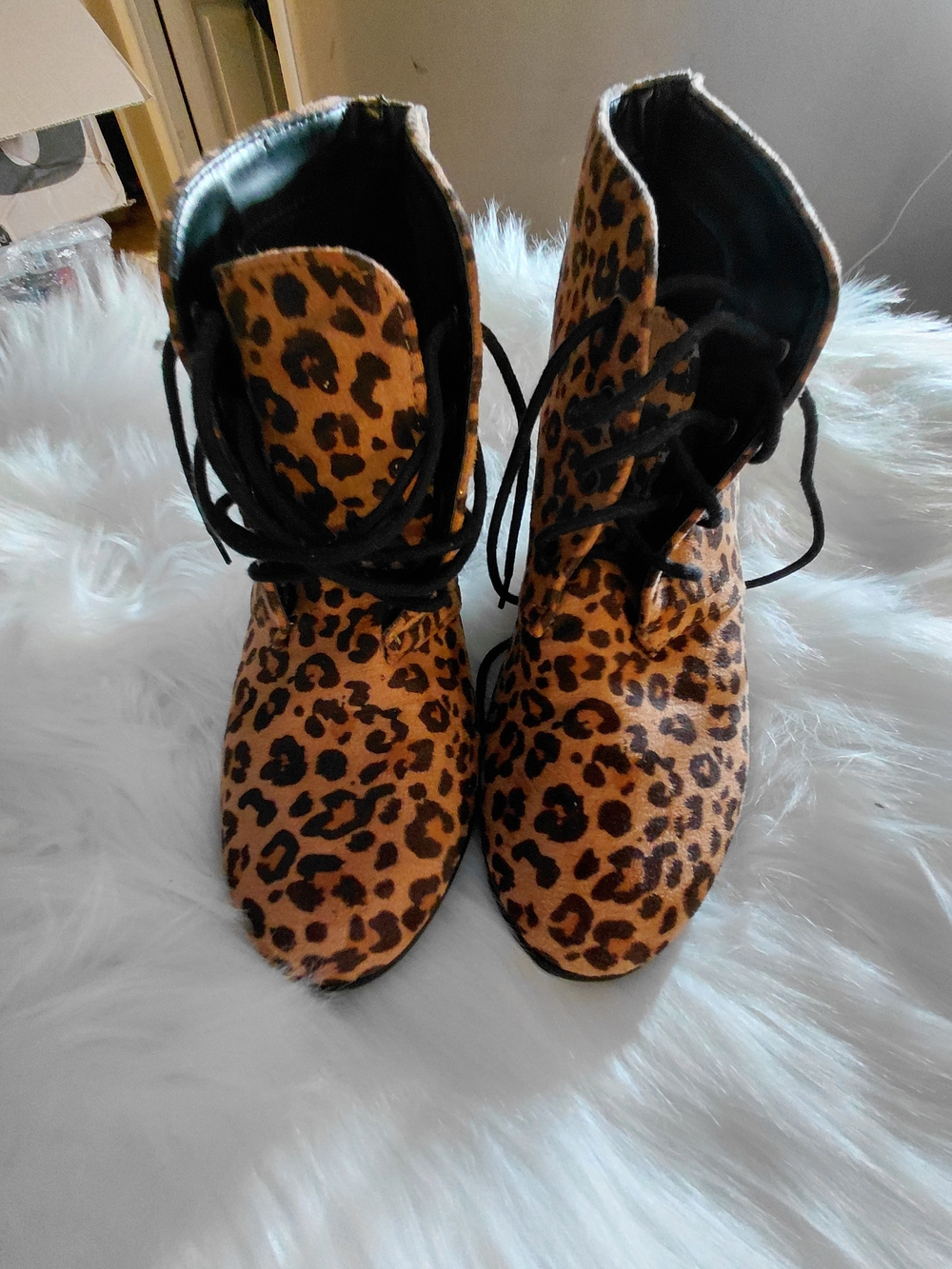 Leopard Print Lace-Up Ankle Boots in Brown
